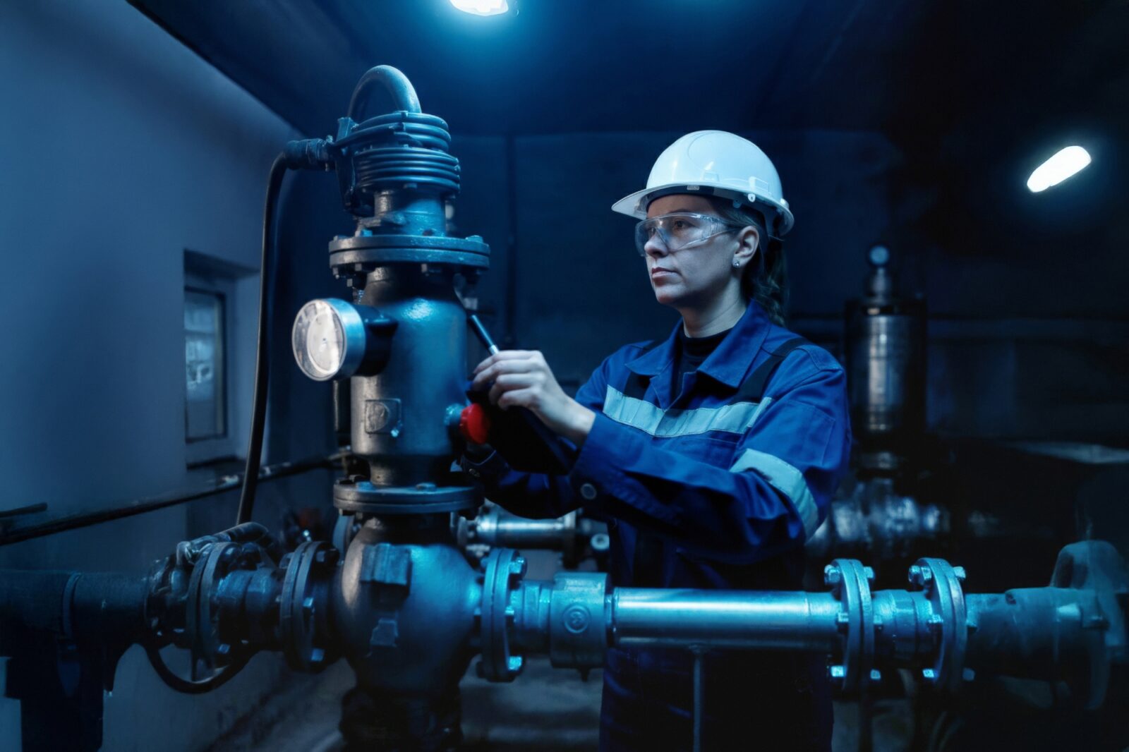 Engineer in safety gear adjusting a valve on industrial piping inside a manufacturing plant.